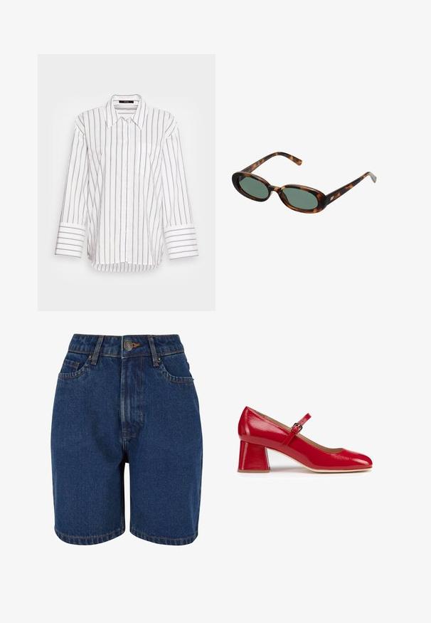 Weißes Hemd mit durchgehenden navyblauen Streifen, langen Ärmeln, Kragen und einer Brusttasche. Glattes, leichtes Material.; Denim-Shorts in dunklem Blau, mit hoher Taille, Fünf-Taschen-Design und kontrastierenden orangefarbenen Nähten. Der Stoff wirkt strukturiert.; Rote Lackleder Mary Jane-Schuhe mit breitem Blockabsatz und Riemchen, das eine Schnalle besitzt. Glatte Oberfläche und runde Zehenform.; Schildpatt-Sonnenbrille mit ovalen Rahmen und grünen Gläsern. Verfügt über dünne Bügel mit einem metallischen Akzent in der Nähe der Scharniere.; Klarer Edelsteinring mit durchgehendem Band, ausgestattet mit birnenförmigen Steinen in silberfarbener Metallfassung, die offene Akzente für Lichtdurchlässigkeit zeigen.
