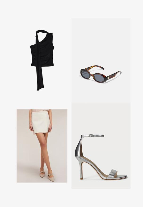 Musta hihaton toppi yhdellä olkaimella, jossa on virtaava, laskostettu yksityiskohta ja rypistetty sivutekstuuri. Valmistettu pehmeästä kankaasta.; Valkoinen mini-hame suoran leikkauksen ja lievän kiillon kanssa. Yhdistetty beigeihin kärkitossuihin, joissa on kaksinkertaiset nilkkahihnat. Sujuva kankaan rakenne.; Hopeasaappaat, joissa on kapea varvastuki, nilkkaote soljella, tyylikäs muotoilu ja sileä metallinen pinta.; Ruskeasta kilpikonnakuosisista aurinkolaseista, joissa on soikeat linssit ja tummanharmaa sävy. Rakkolevyissä on kultainen yksityiskohta. Liukas muovipinta.; Valkoinen käsilaukku kaarevalla siluetilla, teksturoitua nahkaa, kultaisia yksityiskohtia ja irrotettava olkahihna, jossa on logo ja solkiyksityiskohta.