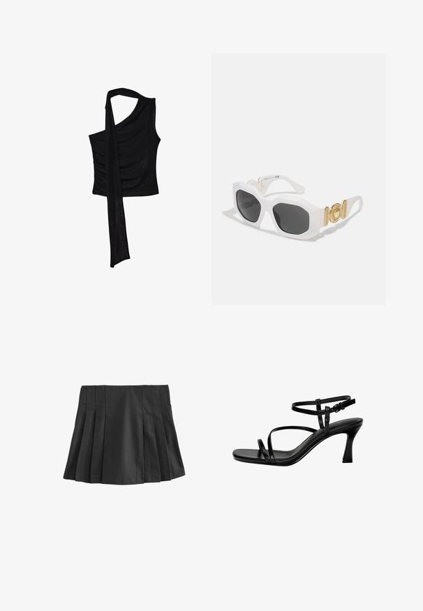 Schwarzes ärmelloses Oberteil mit einem einzelnen Schulterriemen, das eine fließende, drapierte Akzentuierung und geraffte Seitenstruktur aufweist. Hergestellt aus einem weichen Stoff.; Schwarzer plissierter Minirock mit elastischem Bund. Hergestellt aus glattem Stoff, der mehrere vertikale Falten für Textur und Design aufweist.; Schwarze Leder-Sandalen mit Absatz, ausgestattet mit dünnen Riemen, einer quadratischen Zehenpartie und einem Stiletto-Absatz. Verstellbarer Knöchelriemen für eine optimale Passform. Glatte Textur.; Weiße achteckige Sonnenbrille mit dunklen Gläsern. Verfügt über goldene Hardware-Akzente und ein strukturiertes Design an den Bügeln.; Schwarze synthetische Schultertasche mit geschwungenem Silhouette, strukturiertem Finish, goldenem Dreiecks-Logo und abnehmbaren Hardware-Akzenten.