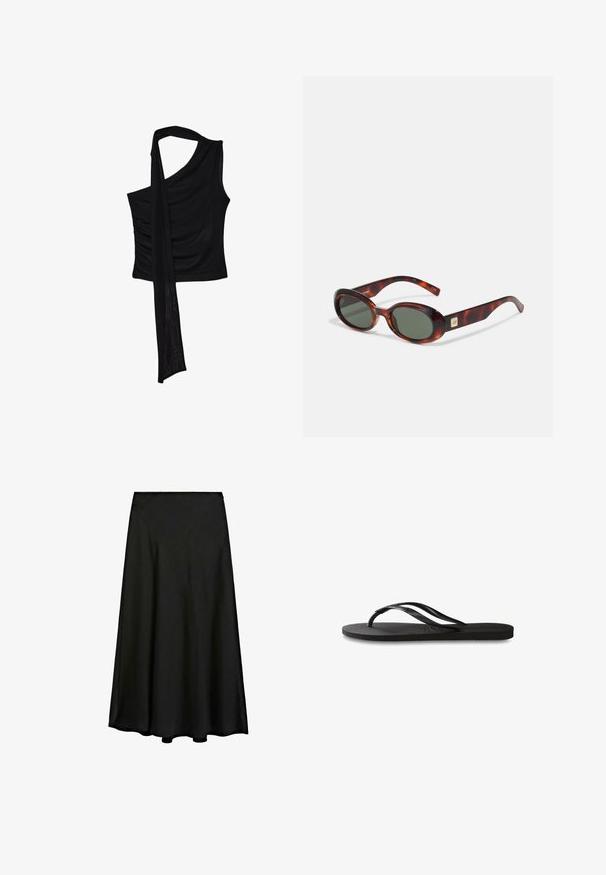 Schwarzes ärmelloses Oberteil mit einem einzelnen Schulterriemen, das eine fließende, drapierte Akzentuierung und geraffte Seitenstruktur aufweist. Hergestellt aus einem weichen Stoff.; Schwarzer Maxirock aus glattem Stoff, mit einer A-Linien-Silhouette und einem fließenden Design, das bis zu den Knöcheln reicht, mit einem sauberen Saum.; Schwarze Flip-Flops mit einer strukturierten Gummisohle, zwei schlanken Riemen und einem dezenten, geprägten Logo-Detail auf dem Riemen.; Schildkrötenmuster Sonnenbrille mit dunklen Gläsern, ovaler Form und breiten Bügeln. Verfügt über eine kleine goldene Akzentuierung an der Seite. Hergestellt aus glattem Kunststoff.; Weißes Handtasche mit geschwungener Silhouette, strukturiertem Leder, goldenen Beschlägen und einem abnehmbaren Tragegurt mit Logo- und Schnallendetails.