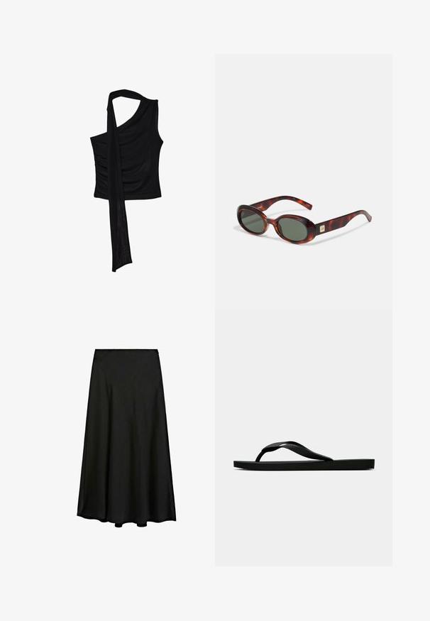 Schwarzes ärmelloses Oberteil mit einem einzelnen Schulterriemen, das eine fließende, drapierte Akzentuierung und geraffte Seitenstruktur aufweist. Hergestellt aus einem weichen Stoff.; Schwarzer Maxirock aus glattem Stoff, mit einer A-Linien-Silhouette und einem fließenden Design, das bis zu den Knöcheln reicht, mit einem sauberen Saum.; Schwarze Gummi-Flip-Flop-Sandale mit einem strukturierten Riemen und einfacher flacher Sohle, von der Seite auf einem schlichten hellen Hintergrund dargestellt.; Schildkrötenmuster Sonnenbrille mit dunklen Gläsern, ovaler Form und breiten Bügeln. Verfügt über eine kleine goldene Akzentuierung an der Seite. Hergestellt aus glattem Kunststoff.; Weißes Handtasche mit geschwungener Silhouette, strukturiertem Leder, goldenen Beschlägen und einem abnehmbaren Tragegurt mit Logo- und Schnallendetails.