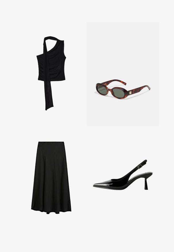 Schwarzes ärmelloses Oberteil mit einem einzelnen Schulterriemen, das eine fließende, drapierte Akzentuierung und geraffte Seitenstruktur aufweist. Hergestellt aus einem weichen Stoff.; Schwarzer Maxirock aus glattem Stoff, mit einer A-Linien-Silhouette und einem fließenden Design, das bis zu den Knöcheln reicht, mit einem sauberen Saum.; Schwarze Lackleder Slingback-Pumps mit spitzem Zeh, ausgeschnittenen Seiten, verstellbarem Knöchelriemen und einem dünnen, eleganten Absatz.; Schildkrötenmuster Sonnenbrille mit dunklen Gläsern, ovaler Form und breiten Bügeln. Verfügt über eine kleine goldene Akzentuierung an der Seite. Hergestellt aus glattem Kunststoff.; Weißes Handtasche mit geschwungener Silhouette, strukturiertem Leder, goldenen Beschlägen und einem abnehmbaren Tragegurt mit Logo- und Schnallendetails.