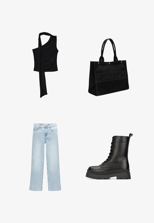Haut sans manches noir avec une seule bretelle, mettant en valeur un accent fluide et drapé ainsi qu'une texture froncée sur le côté. Fabriqué à partir d'un tissu doux.; Jean large bleu clair en denim avec taille haute, cinq poches et fermeture à boutons. Présente des détails de couture minimalistes.; Bottines noires en cuir avec une semelle épaisse, un design à lacets et une languette au talon. Fini mat avec des motifs texturés.; Sac fourre-tout en toile noire avec deux poignées, arborant une bande de logo en relief et de petits détails en métal. Forme rectangulaire, construction robuste.