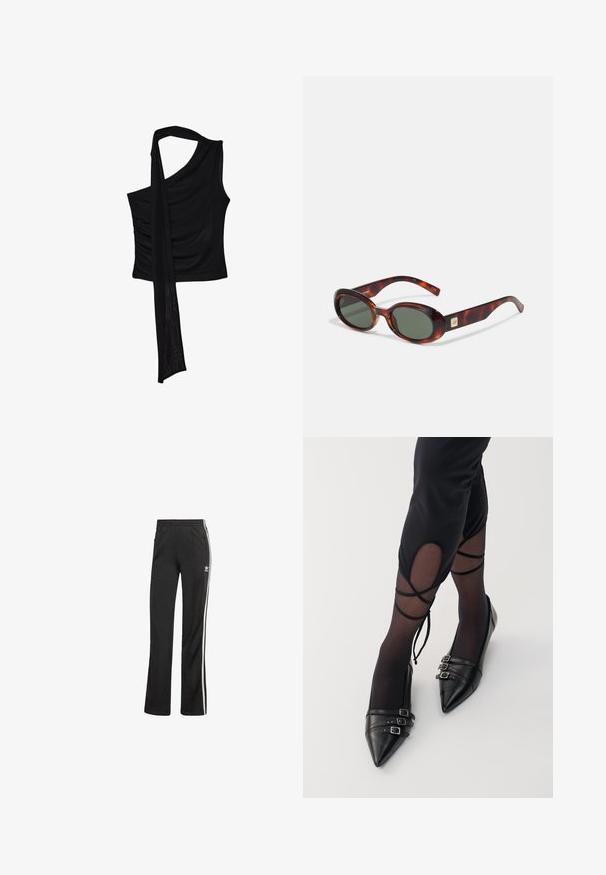 Czarny bezrękawnik z pojedynczym ramiączkiem, z płynącym, drapowanym akcentem i marszczoną teksturą po boku. Wykonany z miękkiego materiału.; Czarne spodnie sportowe o luźnym kroju, z białymi paskami po bokach i elastycznym paskiem w talii. Zawierają mały detal z logo po boku.; Czarne baleriny w szpic z paskiem z metalu, wykonane ze skóry, z gładkim wykończeniem, noszone z przezroczystymi czarnymi rajstopami.; Okulary przeciwsłoneczne w kolorze skorupy żółwia z ciemnymi soczewkami, o owalnym kształcie i szerokich zausznikach. Zawierają mały złoty akcent po bokach. Wykonane z gładkiego tworzywa sztucznego.