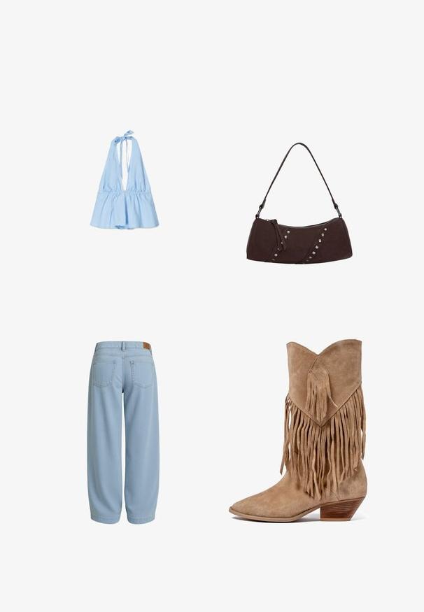 Top halter de culoare albastră deschisă, cu o talie elastică strânsă și tiv evazat. Fabricat dintr-un material moale și ușor. Se leagă la gât.; Pantaloni din denim de un albastru deschis, cu o croială relaxată, ce includ două buzunare la spate, un tiv cu o etichetă din piele maro și glezne conice.; Botine cowboy din suede bej, cu accente franjurate, vârf ascuțit și toc mic, cu stivă. Prezintă o patch de formă romboidală pe manșetă.; Geantă din piele sintetică maro, cu o formă curbată, închidere cu fermoar și cu ținte decorative argintii pe o latură. Dispune de o curea scurtă pentru umăr.