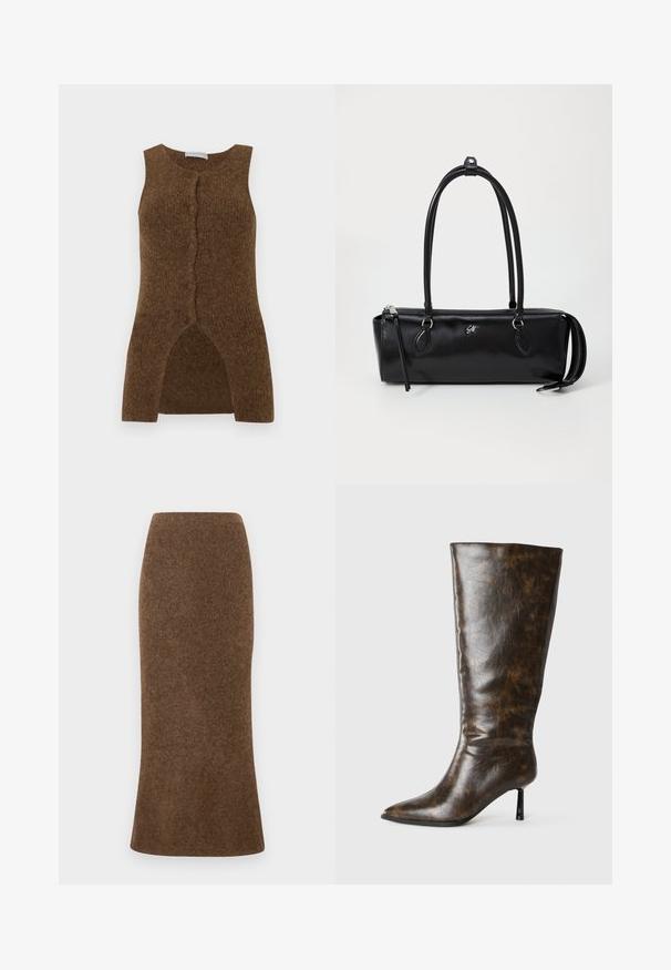 Gilet sans manches en maille marron avec une fermeture à boutons sur le devant, un ourlet fendu et une texture douce, conçu pour être porté en superposition.; Jupe en laine marron, ajustée, avec un ourlet évasé, mettant en valeur un tissu doux et texturé. Aucune couture ni embellissement visible.; Botte en cuir marron vieilli, hauteur genou, avec bout pointu et talon aiguille mince sur fond blanc.; Sac à main en cuir noir de forme rectangulaire, texture lisse, deux poignées, fermeture éclair et un petit logo à l'avant.