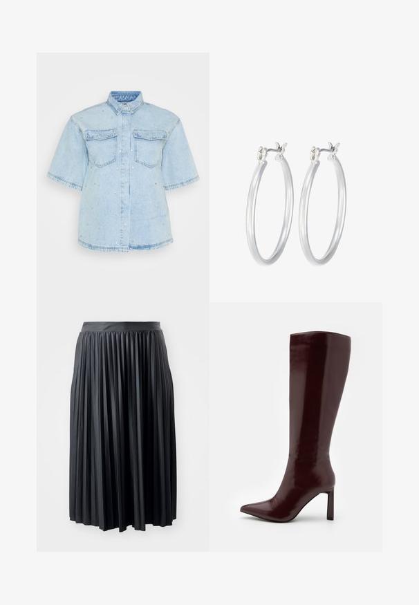 Svetlomodrá deninová košeľa s krátkymi rukávmi, obsahujúca dve predné vrecká a zdobená malými striebornými cvokmi po celom povrchu.; Čierna skladaná sukňa s hladkým pásom. Vyrobená z ľahkého materiálu, s vertikálnymi skladmi, ktoré vytvárajú textúru a plynulosť.; Even&Odd Čižmy - dark red; Strieborné kruhové náušnice s hladkým, lesklým povrchom. Kolový tvar a bezpečné klikanie na uzatváranie. Ľahký dizajn vhodný na každodenné nosenie.