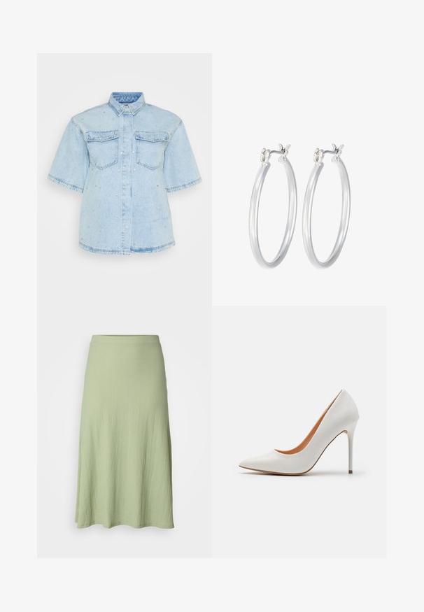Hele sinine denim särk lühikeste varrukatega, millel on kaks esist pocketit ja kaunistatud väikeste hõbedaste nööpidega.; Hele roheline, põlvepikkune seelik, mis on valmistatud tekstuurse kangast, omades siledat vööd ja kergelt laienevat siluetti. Ilma mustrite või aksessuurideta.; Valge lakitud nahk kõrge kontsaga pump, millel on terav nina ja peen stiletto konts, millel on sile tekstuur ja beež sisemus.; Hõbedased rõngaskõrvarõngad, millel on sile, läikiv viimistlus. Ümmargune kuju ja turvaline klõpsulatus. Kerge disain, sobib igapäevaseks kandmiseks.