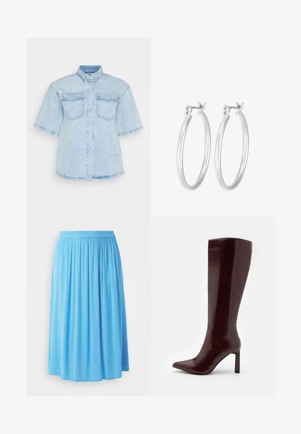 Svetlo modra denim srajca s kratkimi rokavi, ki ima dva sprednja žepka in je okrašena z majhnimi srebrnimi žebljički.; Svetlo modra krila do kolen, izdelana iz naboranega blaga z elastičnim pasom, ki ima zračno, naborkano zasnovo.; Even&Odd Škornji - dark red; Srebrni obroči za ušesa z gladko, polirano površino. Okrogla oblika in varna zaponka s klikom. Lahka zasnova, primerna za vsakodnevno nošenje.