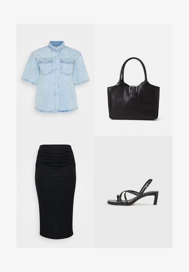 Šviesiai mėlyna džinsinė marškinė su trumpomis rankovėmis, turinti dvi priekines kišenes ir papuošta mažais sidabriniais blizgučiais visame paviršiuje.; Juoda pieštukinė sijonas su susiraukšlėjusia textura aukšto liemens, pagamintas iš tamprios medžiagos. Lygi apdaila, iki kelių ilgio modelis be matomų detalių.; Juodi šlepetės su kvadratiniu pirštu ir žemu bloku kulnu. Yra keli ploni dirželiai ir reguliuojamas kulkšnies diržas. Pagaminti iš lygios odos.; Juodas odinis nešiojamas krepšys su lygiu paviršiumi, struktūrine forma, dviem rankenėlėmis ir ryškiu sidabriniu sagties akcentu priekyje.