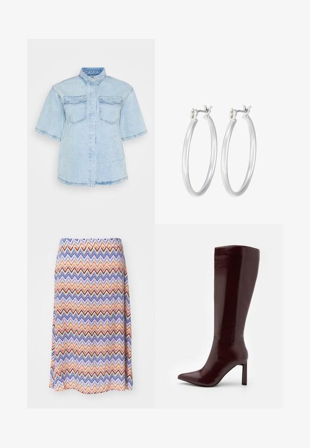 Šviesiai mėlyna džinsinė marškinė su trumpomis rankovėmis, turinti dvi priekines kišenes ir papuošta mažais sidabriniais blizgučiais visame paviršiuje.; Daugiakampė zigzag rašto sijonas. Pagamintas iš lengvos audinio, turi sijono siluetą ir juosmenį. Pagrindinės spalvos - oranžinė, mėlyna ir raudona.; Even&Odd Batai - dark red; Sidabriniai auskarai su sklandžiu, poliruotu paviršiumi. Apvalios formos ir saugus uždarymo mechanizmas. Lengvas dizainas, tinkantis kasdieniam dėvėjimui.