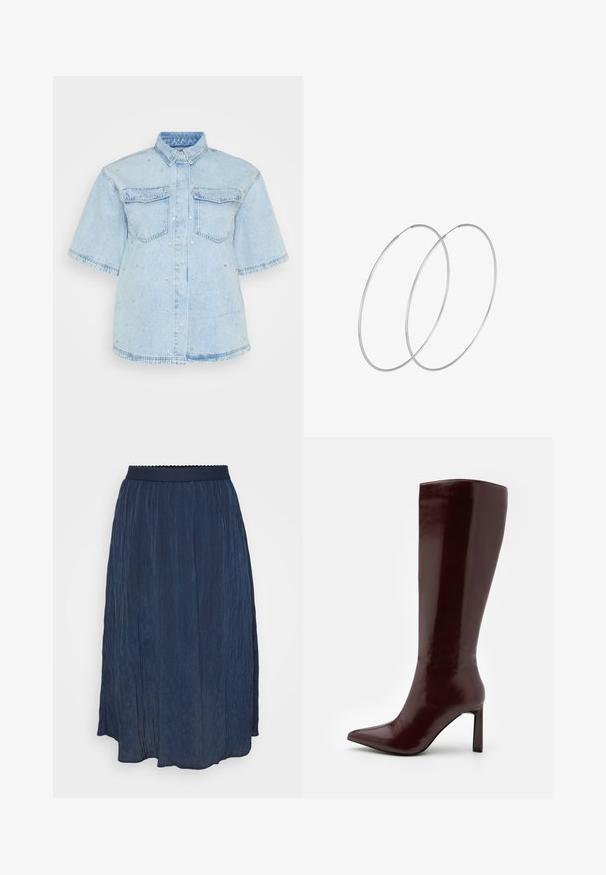 Hele sinine denim särk lühikeste varrukatega, millel on kaks esist pocketit ja kaunistatud väikeste hõbedaste nööpidega.; Tumedasinine plisseeritud seelik, millel on lainelised äärised. Kerge kangaga valmistatud seelikul on voolav disain ja pehme tekstuur.; Even&Odd Saapad - dark red; Hõbedased rõngastikkaehingad minimalistlikus disainis. Ümar kuju, sile tekstuur ja õhuke profiil. Kerged ning poleeritud viimistlusega.