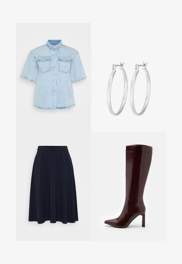 Camicia di jeans azzurro chiaro con maniche corte, dotata di due tasche frontali e decorata con piccoli chiodini d'argento.; Persona by Marina Rinaldi GETTI - Gonna a campana - midnight blue; Even&Odd Stivali alti - dark red; Orecchini a cerchio in argento con una finitura liscia e lucida. Forma rotonda e chiusura a scatto sicura. Design leggero adatto per l'uso quotidiano.
