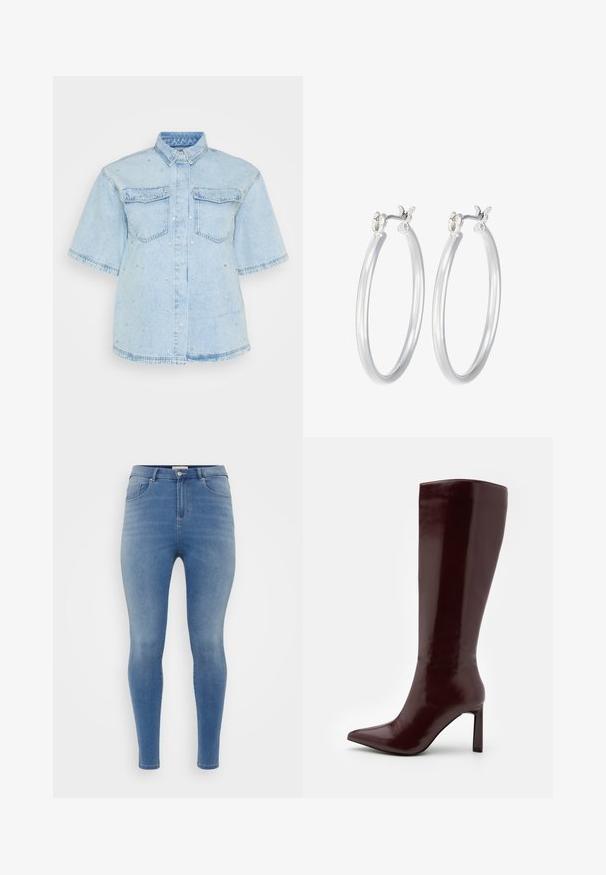 Šviesiai mėlyna džinsinė marškinė su trumpomis rankovėmis, turinti dvi priekines kišenes ir papuošta mažais sidabriniais blizgučiais visame paviršiuje.; Lieknos džinsai šviesiai mėlynos spalvos. Yra penki kišenės, aukšta juosmuo ir lygus paviršius su nedideliu nusidėvėjimo efektu.; Even&Odd Batai - dark red; Sidabriniai auskarai su sklandžiu, poliruotu paviršiumi. Apvalios formos ir saugus uždarymo mechanizmas. Lengvas dizainas, tinkantis kasdieniam dėvėjimui.