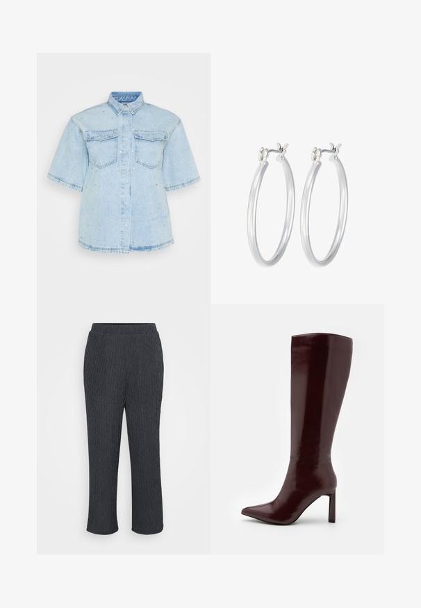 Helles Blues Denimhemd mit kurzen Ärmeln, ausgestattet mit zwei Fronttaschen und verziert mit kleinen silbernen Nieten entlang des gesamten Hemdes.; Dunkelgraue Hosen mit einem strukturierten, gerippten Design, ausgestattet mit einem elastischen Bund und schmal zulaufenden Beinen. Hergestellt aus leichtem, weichem Material.; Even&Odd Stiefel - dark red; Silberne Creolen mit einer glatten, polierten Oberfläche. Runder Form und sicherem Klickverschluss. Leichtes Design, geeignet für den täglichen Gebrauch.