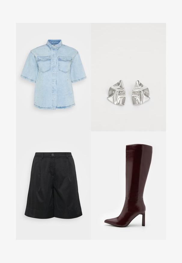 Svetlo modra denim srajca s kratkimi rokavi, ki ima dva sprednja žepka in je okrašena z majhnimi srebrnimi žebljički.; Črne kratke hlače z teksturirano tkanino, s sprednjim gumbom, naborki, obrubljenim robom in stranskimi žepi.; Even&Odd Škornji - dark red; Srebrni kovinski uhani z valovitim, skulpturalnim dizajnom, ki se ponašajo s poliranim zaključkom in nerednimi oblikami, kar poudarja sodobno estetiko.