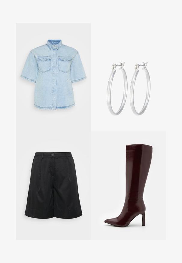 Svetlomodrá deninová košeľa s krátkymi rukávmi, obsahujúca dve predné vrecká a zdobená malými striebornými cvokmi po celom povrchu.; Čierne šortky z textúrovanej látky, s predným zapínaním na gombík, so záhybmi, manžetou a bočnými vreckami.; Even&Odd Čižmy - dark red; Strieborné kruhové náušnice s hladkým, lesklým povrchom. Kolový tvar a bezpečné klikanie na uzatváranie. Ľahký dizajn vhodný na každodenné nosenie.