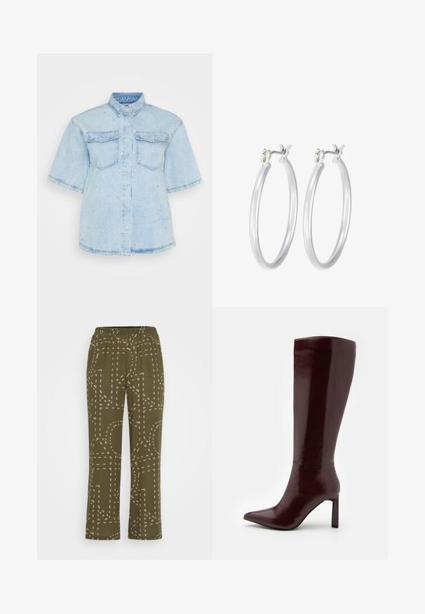 Svetlo modra denim srajca s kratkimi rokavi, ki ima dva sprednja žepka in je okrašena z majhnimi srebrnimi žebljički.; Olive zelene hlače z mehko, tkanino, ki ima geometrijski bež pikčasti vzorec. Elastičen pas za udobje in prilagodljivost.; Even&Odd Škornji - dark red; Srebrni obroči za ušesa z gladko, polirano površino. Okrogla oblika in varna zaponka s klikom. Lahka zasnova, primerna za vsakodnevno nošenje.