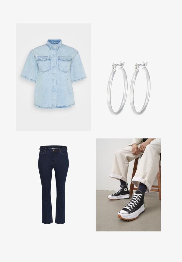 Camicia di jeans azzurro chiaro con maniche corte, dotata di due tasche frontali e decorata con piccoli chiodini d'argento.; Jeans in denim blu con taglio dritto, dotati di cinque tasche, cuciture a contrasto e chiusura a bottone metallico in vita.; Sneaker alte nere con lacci bianchi e puntale in gomma. Suola bianca spessa con suola esterna marrone strutturata, indossate con calze a righe blu navy.; Orecchini a cerchio in argento con una finitura liscia e lucida. Forma rotonda e chiusura a scatto sicura. Design leggero adatto per l'uso quotidiano.