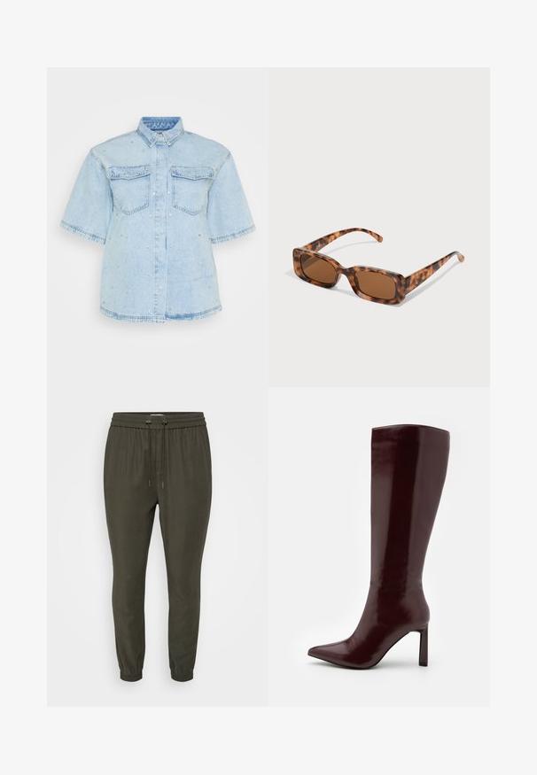 Svetlo modra denim srajca s kratkimi rokavi, ki ima dva sprednja žepka in je okrašena z majhnimi srebrnimi žebljički.; Temnozelene športne hlače z vrvico v pasu, zožanimi manšetami in gladko, lahko teksturo tkanine. Preprost in funkcionalen dizajn.; Even&Odd Škornji - dark red; Želve sunčane naočale s pravokutnim smešnim lećama, debelim okvirom i tankim ručkama s uzorkom različitih nijansi smeđe boje.; Srebrni obroči za ušesa z gladko, polirano površino. Okrogla oblika in varna zaponka s klikom. Lahka zasnova, primerna za vsakodnevno nošenje.