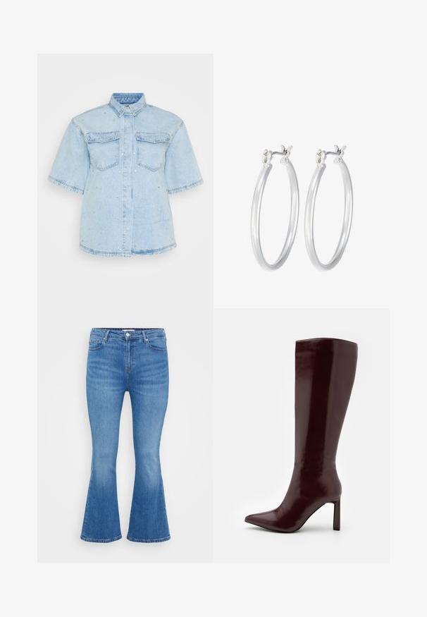 Lys blå denimskjorte med korte ærmer, der har to forlommer og er pyntet med små sølvnitter overalt.; Lysblå denim flared jeans med høj talje, fem lommer og klassisk knaplukning. Glat tekstur med subtil falmning.; Even&Odd Høje støvler/ Støvler - dark red; Sølv hoop øreringe med en glat, poleret overflade. Rund form og sikker klik-lukning. Letvægtsdesign, der er velegnet til hverdagsbrug.