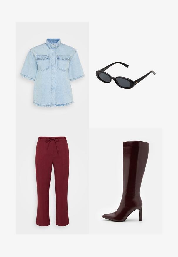 Svetlomodrá deninová košeľa s krátkymi rukávmi, obsahujúca dve predné vrecká a zdobená malými striebornými cvokmi po celom povrchu.; Bordové nohavice vyrobené z textúrovanej látky, s elastickým pásom na šnúrku a rovnom strihom. Bez vreciek a viditeľného hardvéru.; Even&Odd Čižmy - dark red; Čierne oversized slnečné okuliare s oválnymi šošovkami, hladkým plastovým rámom a zlatými akcentmi na straniciach. Tmavé šošovky poskytujú ochranu pred slnkom.