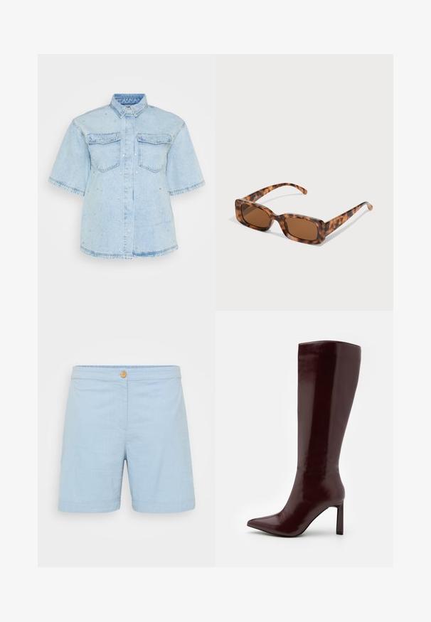 Gai zils džinsa krekls ar īsām piedurknēm, ar divām priekšējām kabatām un rotāts ar mazām sudraba pīrsingiem visā. ; Gaiši zili šorti, kas izgatavoti no mīksta, teksturēta auduma. Satur vienu koka pogu jostasvietā un sarullētu apdari.; Even&Odd Zābaki - dark red; Tortoiseshell saulesbrilles ar taisnstūrveida brūniem stikliem, biezs rāmis un plānas kājas ar dažādu brūnu toņu rakstu.; Sudraba riņķveida auss gredzeni ar gludu, pulētu apdari. Apaļa forma un drošs klikšķa augšējais slēgums. Viegls dizains, kas piemērots ikdienas valkāšanai.