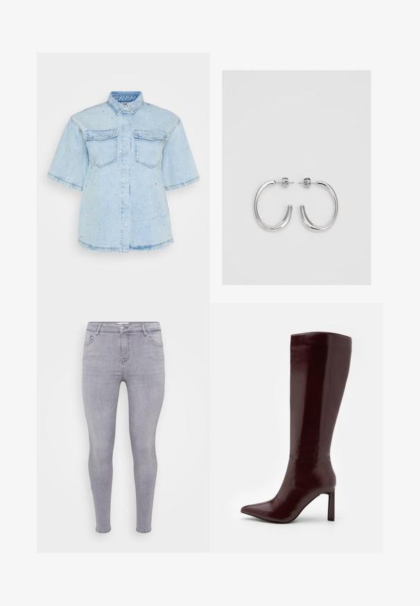 Camisa de ganga azul clara com mangas curtas, apresentando dois bolsos frontais e adornada com pequenos Rebites de prata por todo o lado.; Jeans skinny cinzas feitos de denim, apresentando um design clássico de cinco bolsos, fecho de correr e uma textura suave com ligeira elasticidade.; Even&Odd Botas - dark red; Brincos de argola prateados com um acabamento suave e brilhante. Forma arredondada, design leve, com fecho de pino.