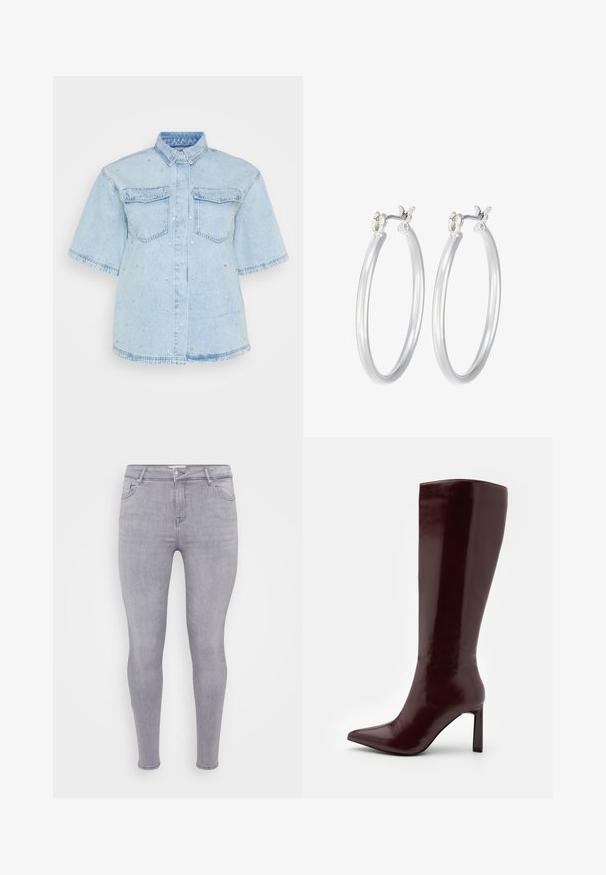 Camisa de mezclilla azul claro de manga corta, con dos bolsillos delanteros y adornada con pequeños remaches plateados en toda la prenda.; Jeans ajustados grises hechos de mezclilla, que presentan un diseño clásico de cinco bolsillos, cierre de cremallera y una textura suave con ligero estiramiento.; Even&Odd Botas - dark red; Pendientes de aro de plata con un acabado liso y pulido. Forma redonda y cierre de click seguro. Diseño ligero adecuado para el uso diario.