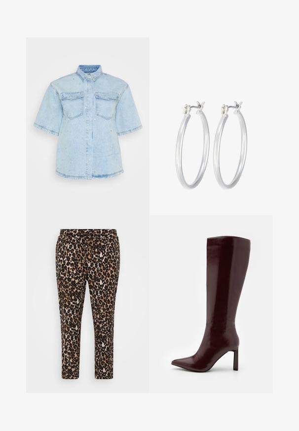 Light blue denim shirt with short sleeves, featuring two front pockets and embellished with small silver studs throughout.; Leopard-print pants featuring a soft, textured fabric, elastic waistband with drawstring, and straight leg design with a cropped length.; Even&Odd Boots - dark red; Silver hoop earrings with a smooth, polished finish. Round shape and secure click-top closure. Lightweight design suitable for everyday wear.