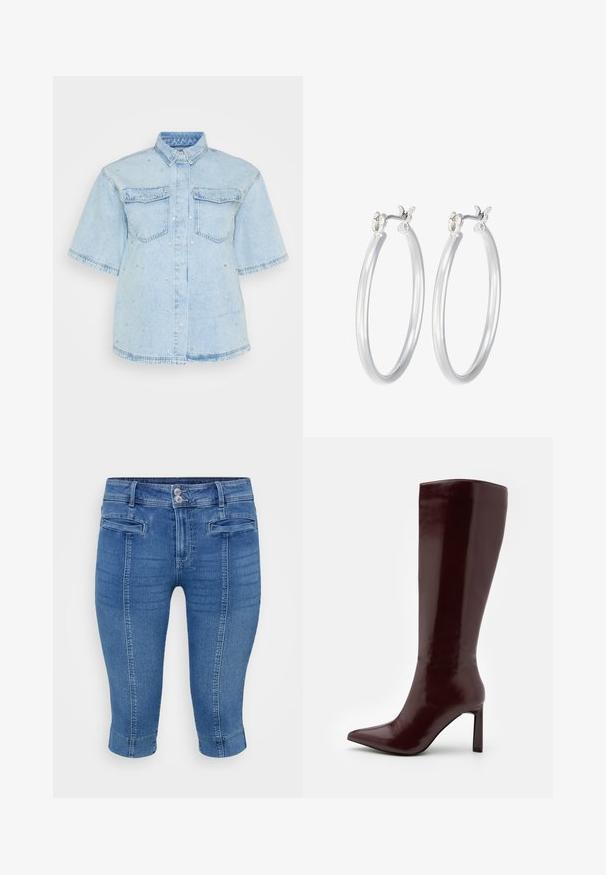 Hele sinine denim särk lühikeste varrukatega, millel on kaks esist pocketit ja kaunistatud väikeste hõbedaste nööpidega.; Sinised denim capri-püksid, millel on keha tervikuna järgiv disain, kaks eesmist taskut ja kantitud allserv. Kanga pind on sile, kergete plekkidega.; Even&Odd Saapad - dark red; Hõbedased rõngaskõrvarõngad, millel on sile, läikiv viimistlus. Ümmargune kuju ja turvaline klõpsulatus. Kerge disain, sobib igapäevaseks kandmiseks.