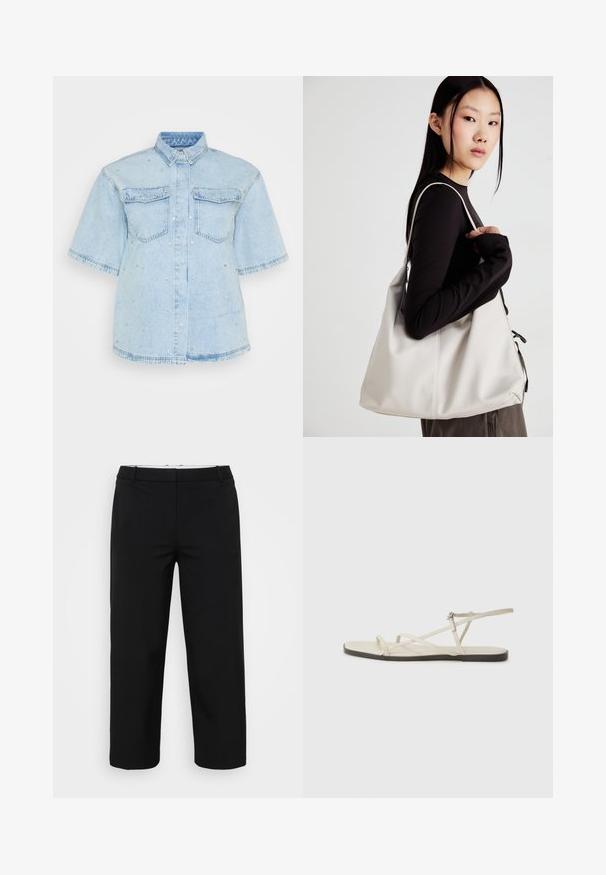 Light blue denim shirt with short sleeves, featuring two front pockets and embellished with small silver studs throughout.; Black trousers with a straight cut, featuring a smooth texture, two side pockets, and a waistband with loops. No visible fastenings.; Beige flat sandal with multiple slender straps and an adjustable buckle. The sole is flat with a slight dark contrast at the edge.; Beige handbag made of soft material, featuring a slouchy design, stitched detailing, and two shoulder straps. Suitable for everyday use.