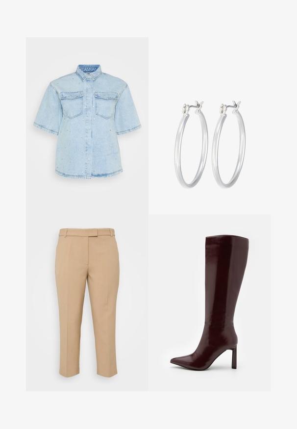 Lichtblauwe spijkerblouse met korte mouwen, voorzien van twee voorzakken en versierd met kleine zilverkleurige studs.; Beige op maat gemaakte broeken met een rechte snit, middelhoge tailleband en zijzakken. Soepele textuur met scherpe plooien en opgerolde enkel lengte.; Even&Odd Laarzen - dark red; Zilveren oorbellen in de vorm van een gladde, gepolijste ring. Ronde vorm met een veilige kliksluiting. Lichtgewicht ontwerp, geschikt voor dagelijks gebruik.