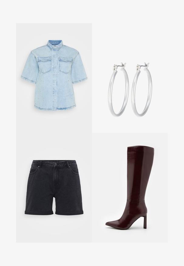 Světle modrá džínsová košile s krátkým rukávem, se dvěma předními kapsami a zdobená malými stříbrnými cvoky po celém povrchu.; Černé džínové šortky s klasickým designem, s přehnutými lemy, poutky na opasek a předními kapsami. Hladká textura s jemnými detailem prošití.; Even&Odd Vysoká obuv - dark red; Stříbrné kruhové náušnice s hladkým, lesklým povrchem. Kulatý tvar a bezpečné zapínání na klip. Lehký design vhodný pro každodenní nošení.