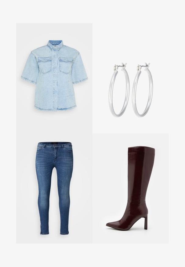 Šviesiai mėlyna džinsinė marškinė su trumpomis rankovėmis, turinti dvi priekines kišenes ir papuošta mažais sidabriniais blizgučiais visame paviršiuje.; Lieknos džinsai, pagaminti iš vidutinio mėlynumo džinsinio audinio, turintys penkių kišenių dizainą, šiek tiek nudėvėtus ir klasikinį mygtuko bei užtrauktuko uždarymą.; Even&Odd Batai - dark red; Sidabriniai auskarai su sklandžiu, poliruotu paviršiumi. Apvalios formos ir saugus uždarymo mechanizmas. Lengvas dizainas, tinkantis kasdieniam dėvėjimui.