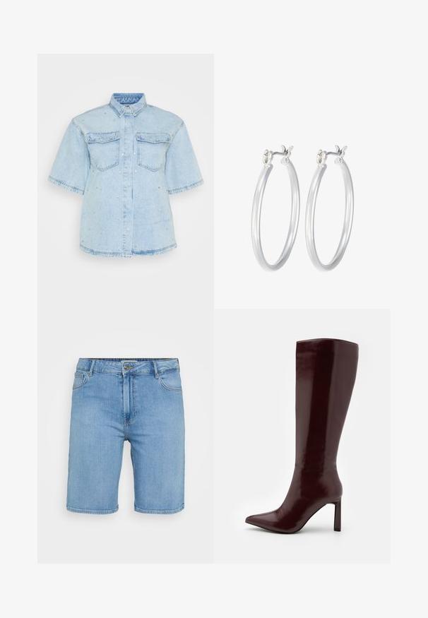 Gai zils džinsa krekls ar īsām piedurknēm, ar divām priekšējām kabatām un rotāts ar mazām sudraba pīrsingiem visā. ; Gaiši zili denima šorti ar klasisku griezumu, kas aprīkoti ar priekšējo pogu aizdari, jostu cilpām un divām sānu kabatām. Gluda tekstūra un taisns apakšmala.; Even&Odd Zābaki - dark red; Sudraba riņķveida auss gredzeni ar gludu, pulētu apdari. Apaļa forma un drošs klikšķa augšējais slēgums. Viegls dizains, kas piemērots ikdienas valkāšanai.