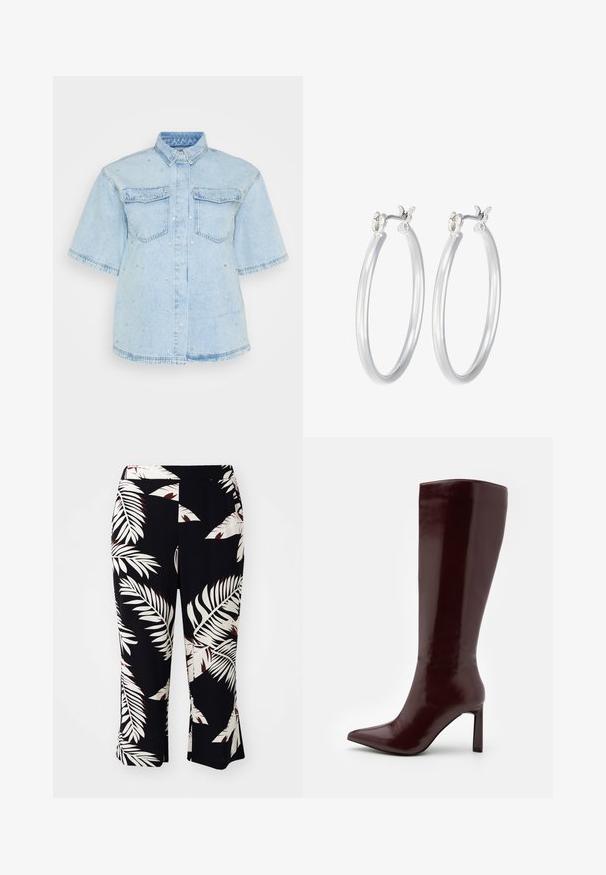 Helles Blues Denimhemd mit kurzen Ärmeln, ausgestattet mit zwei Fronttaschen und verziert mit kleinen silbernen Nieten entlang des gesamten Hemdes.; Schwarze Hosen mit einem weißen und roten tropischen Blattmuster, mit einem ausgestellten Schnitt und einem elastischen Bund, aus einem glatten Stoff gefertigt.; Even&Odd Stiefel - dark red; Silberne Creolen mit einer glatten, polierten Oberfläche. Runder Form und sicherem Klickverschluss. Leichtes Design, geeignet für den täglichen Gebrauch.