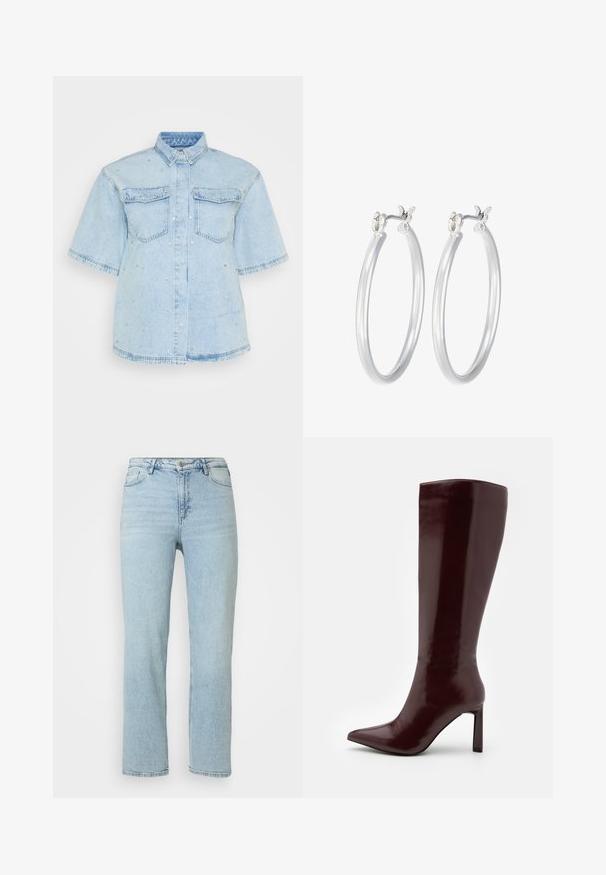 Light blue denim shirt with short sleeves, featuring two front pockets and embellished with small silver studs throughout.; Light blue straight-leg denim jeans with front button and zipper closure, belt loops, and classic five-pocket design.; Even&Odd Boots - dark red; Silver hoop earrings with a smooth, polished finish. Round shape and secure click-top closure. Lightweight design suitable for everyday wear.