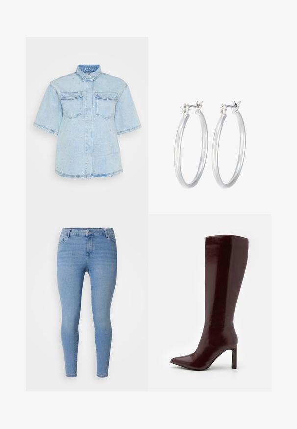 Šviesiai mėlyna džinsinė marškinė su trumpomis rankovėmis, turinti dvi priekines kišenes ir papuošta mažais sidabriniais blizgučiais visame paviršiuje.; Šviesiai mėlynos džinsinės apkarpytos kelnės, turinčios klasikinį penkių kišenių dizainą, su užtrauktuku ir siaurais kelnių Atua. Lygus paviršius su šiek tiek išblukusiais atspalviais.; Even&Odd Batai - dark red; Sidabriniai auskarai su sklandžiu, poliruotu paviršiumi. Apvalios formos ir saugus uždarymo mechanizmas. Lengvas dizainas, tinkantis kasdieniam dėvėjimui.