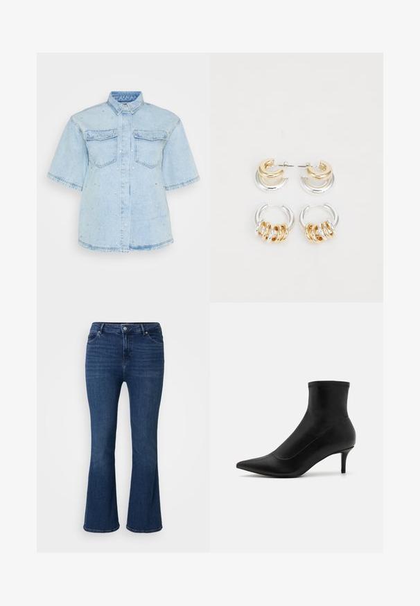 Camicia di jeans azzurro chiaro con maniche corte, dotata di due tasche frontali e decorata con piccoli chiodini d'argento.; Jeans svasati blu scuro in denim con design a cinque tasche e chiusura con zip. Il tessuto ha una leggera texture e una finitura classica.; Stivaletti neri in pelle liscia con punta affusolata e tacco corto e sottile. Presentano un design senza cuciture e sottili dettagli di cucitura.; Set di orecchini in metallo oro e argento con due cerchi: un design è liscio a forma di mezzaluna, mentre l'altro presenta anelli circolari sovrapposti.