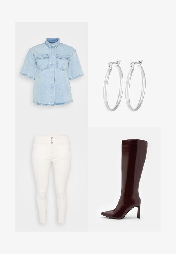 Svijetloplava traper košulja kratkih rukava, s dvije prednje džepove i ukrašena malim srebrnim zakovicama po cijeloj površini.; Bijele uske traperice od denima, koje imaju visoki struk, dizajn s pet džepova i zatvaranje na tri gumba sprijeda. Cijela površina je glatka.; Even&Odd Čizme - dark red; Srebrne kružne naušnice s glatkom, poliranom površinom. Okrugli oblik i sigurno kopčanje na klik. Lagani dizajn pogodan za svakodnevno nošenje.