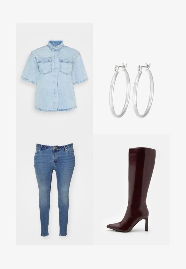 Light blue denim shirt with short sleeves, featuring two front pockets and embellished with small silver studs throughout.; Skinny blue jeans made of denim with a faded finish. Features a five-pocket design and a button closure at the waist.; Even&Odd Boots - dark red; Silver hoop earrings with a smooth, polished finish. Round shape and secure click-top closure. Lightweight design suitable for everyday wear.