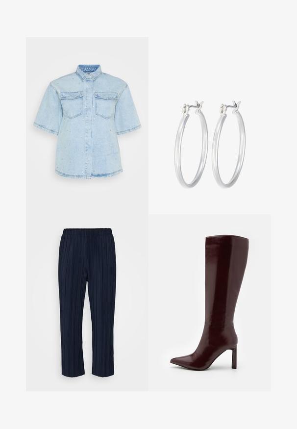 Helles Blues Denimhemd mit kurzen Ärmeln, ausgestattet mit zwei Fronttaschen und verziert mit kleinen silbernen Nieten entlang des gesamten Hemdes.; Marineblaue, gefaltete Hose mit elastischem Bund, die vertikale Streifen hat und eine entspannte Passform bietet. Sie endet knapp über dem Knöchel.; Even&Odd Stiefel - dark red; Silberne Creolen mit einer glatten, polierten Oberfläche. Runder Form und sicherem Klickverschluss. Leichtes Design, geeignet für den täglichen Gebrauch.