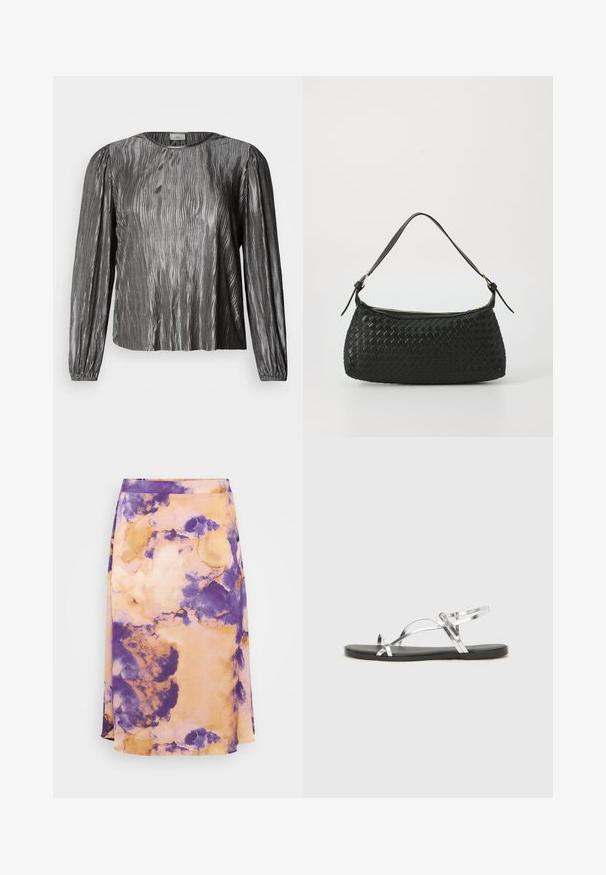 Hopeinen pitkähiha-paita, jossa on aaltoileva tekstuurikuvio, pyöreä pääntie ja joustavat hihansuut. Sileä, kiiltävä kangas.; Löysä A-linjainen midihame, jossa on lilaa ja oranssia taita, pehmeää materiaalia ja hienovaraista tekstuuria. Hameessa on sileä vyötärö ja lentävä muotoilu.; Hopeiset metallinhohtoiset sandaalit minimalistisella muotoilulla, joissa on ohuet hihnat ja musta tasapohja. Korostuksia tarjoavat ristikkäin menevät hihnat.; Mustan kudotun olkalaukun, jossa on sileä nahkahihna ja vetoketjukiinnitys. Mahdollistaa teksturoituneen pinnan ja kaarevan muodon.