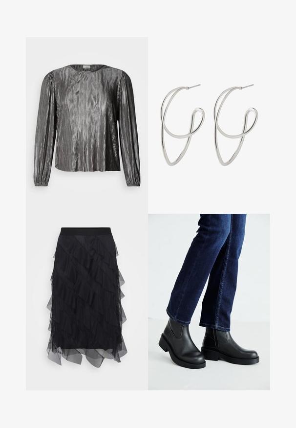 Sudraba ilgas piedurknes blūze ar viļņotu tekstūru, apaļu kakla izgriezumu un elastīgām aprocēm. Gluda, spīdīga auduma.; Melna tilla svārki ar kārtainām drapējumiem, elastīgu jostasvietu un plūstošu siluetu. Caurspīdīgā tekstūra nodrošina vieglumu un kustību.; Melnas ādas potīšu zābaki ar masīvu zoli un sānu elastīgām daļām, kombinēti ar tumši ziliem džinsiem. Zeme ir gaišā krāsā.; Sudraba tonis metāla riņķveida auskari ar savītu dizainu, kas izceļas ar gludu, pulētu tekstūru un plānu stieples konstrukciju.