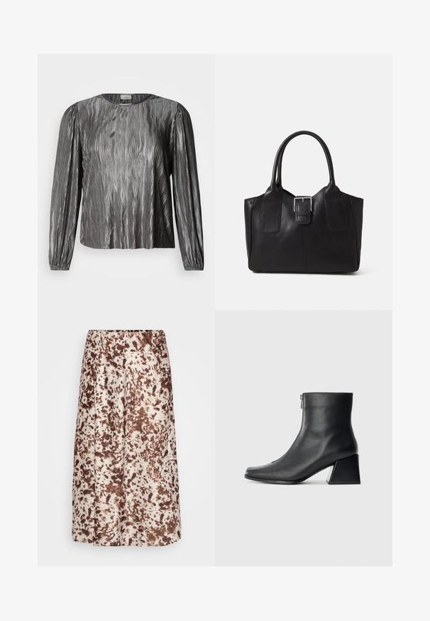 Srebrna bluza z dolgimi rokavi z valovitim teksturiranim vzorcem, okrogel izrez in elastični manšeti. Gladek, sijoč material.; Srednje dolga krila iz gladkega blaga, s kremasto podlago in rjavo, kapljicami podobnimi vzorci. Elastičen pas za udobje.; Črne usnjene gležnjarice s kvadratnim nosom, stranskim zadrgo in blok peto na enostavni svetli podlagi.; Črna usnjena torba s gladko teksturo, strukturirano obliko, dvema ročkama in izrazitim srebrnim sponko na sprednji strani.