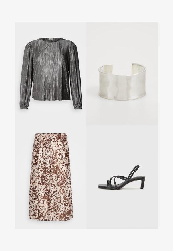 Sudraba ilgas piedurknes blūze ar viļņotu tekstūru, apaļu kakla izgriezumu un elastīgām aprocēm. Gluda, spīdīga auduma.; Vidēja garuma svārki, izgatavoti no gludas auduma, ar krēma krāsu bāzi un brūniem, traipiem līdzīgiem rakstiem. Elastīga josta ērtiem valkāšanai.; Melnas strappy sandales ar kvadrātveida purngaliem un zemu bloku papēdi. Ievērojamas ar vairākiem plāniem siksniņām un regulējamu potītes siksniņu. Izgatavotas no gludas ādas.; Zign Rokassprādze - silver-coloured