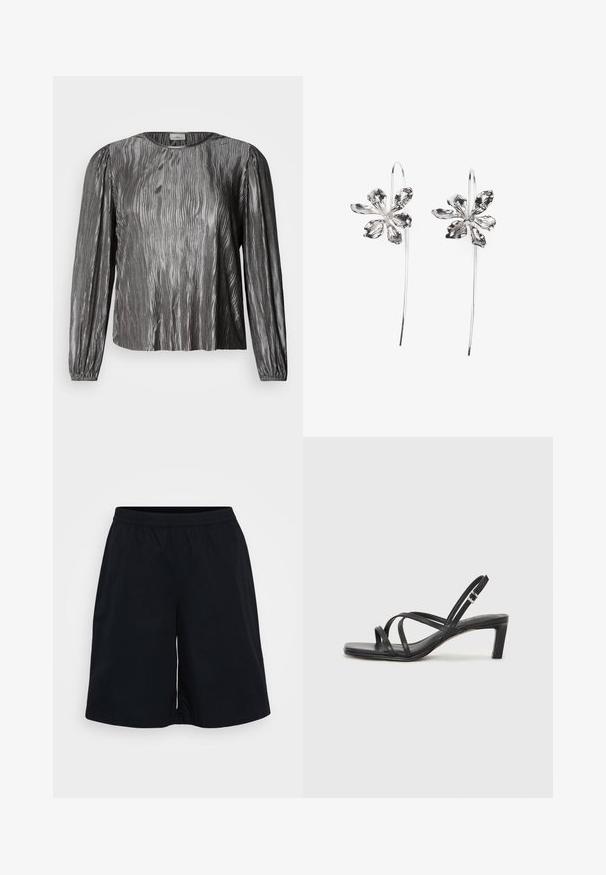 Srebrna bluzka z długim rękawem o falistym, teksturowanym wzorze, z okrągłym dekoltem i ściągaczami na mankietach. Gładki, błyszczący materiał.; Czarne sportowe szorty z elastycznym pasem, luźnym krojem i gładką teksturą. Projekt jest prosty, bez wzorów ani akcentów.; Czarne sandały na obcasie z prostokątnym noskiem i niskim słupkowym obcasem. Posiadają wiele cienkich pasków i regulowany pasek na kostkę. Wykonane z gładkiej skóry.; Srebrne kolczyki w kształcie kwiatu z teksturowanym wykończeniem, z długimi haczykami i detalami przypominającymi płatki dla stworzenia skomplikowanego wzoru.