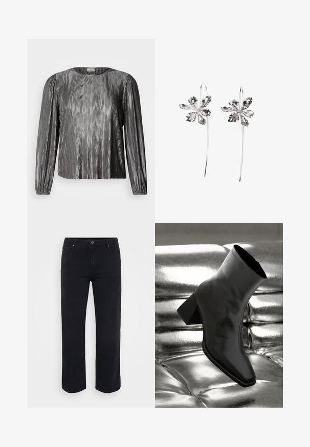 Blusa prateada de manga comprida com um padrão texturizado ondulado, apresentando um decote redondo e punhos elásticos. Tecido liso e brilhante.; Jeans de ganga pretos com um design de perna reta. As características incluem um fecho de cintura com botão, passadores de cinto e bolsos à frente/atrás. Textura suave.; Botim preto de tornozelo feito de material brilhante, com bico quadrado e salto afunilado, posicionado contra um fundo prateado brilhante com detalhes acolchoados.; Brincos em forma de flor prateados com um acabamento texturizado, apresentando ganchos longos e detalhes semelhantes a pétalas para um design intrincado.