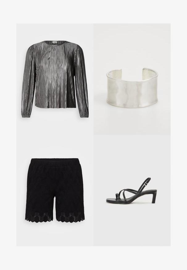 Sidabrinė blizgi ilgomis rankovėmis palaidinė su banguotu tekstūruotu dizainu, suapvalintu kaklu ir elastinėmis rankogaliais. Lygi, blizgi medžiaga.; Juodos nėriniuotos šortai su įpjautu apvadu ir deimanto raštu. Elastinga juostos dalis komfortui. Lengva ir kvėpuojanti medžiaga.; Juodi šlepetės su kvadratiniu pirštu ir žemu bloku kulnu. Yra keli ploni dirželiai ir reguliuojamas kulkšnies diržas. Pagaminti iš lygios odos.; Zign Apyrankė - silver-coloured